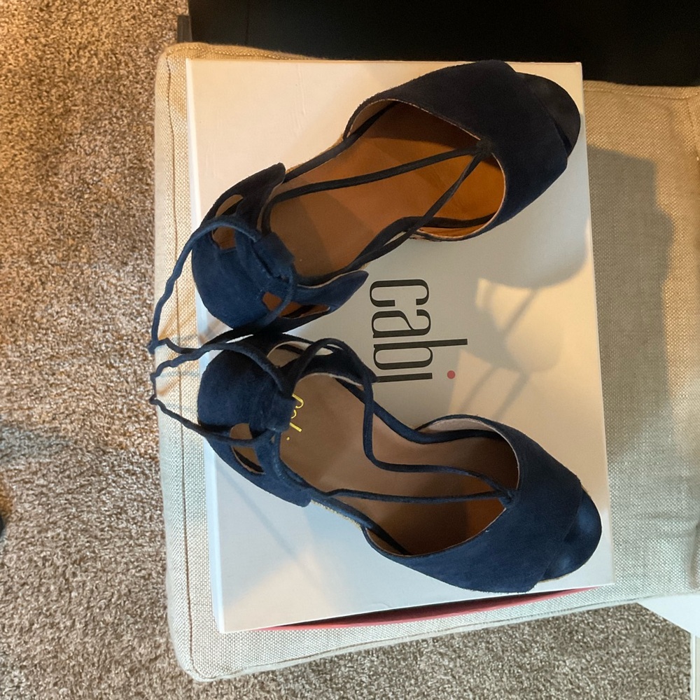 Cabi Women's Blue Suede Ankle Wrap Wedge Sandals